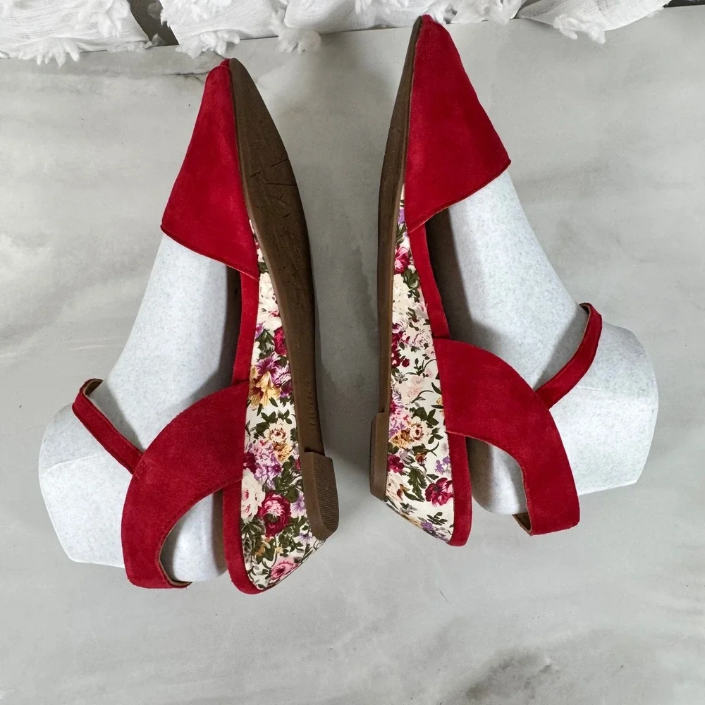 Hotter Hallie Sandals Red‎ Suede Upper Floral Low Wedge Ankle Strap Comfort 11